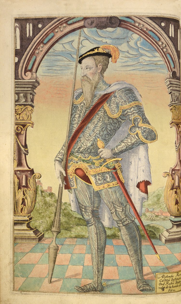 Alphonso XI, Kastilian ja Leonin kuningas, Honor Militarysta, ja Civil, William Segar, pub. Robert Barker, Lontoo, 1602 (käsinvärinen kaiverrus) tekijältä William Rogers