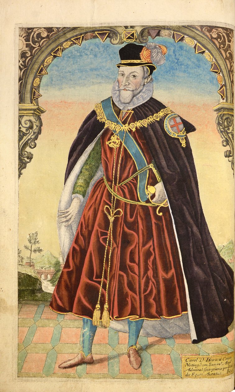 Charles Howard, Nottinghamin ensimmäinen jaarli, alkaen Honor Military, and Civill, William Segar, pub. Robert Barker, Lontoo, 1602 (käsin väritetty kaiverrus). tekijältä William Rogers