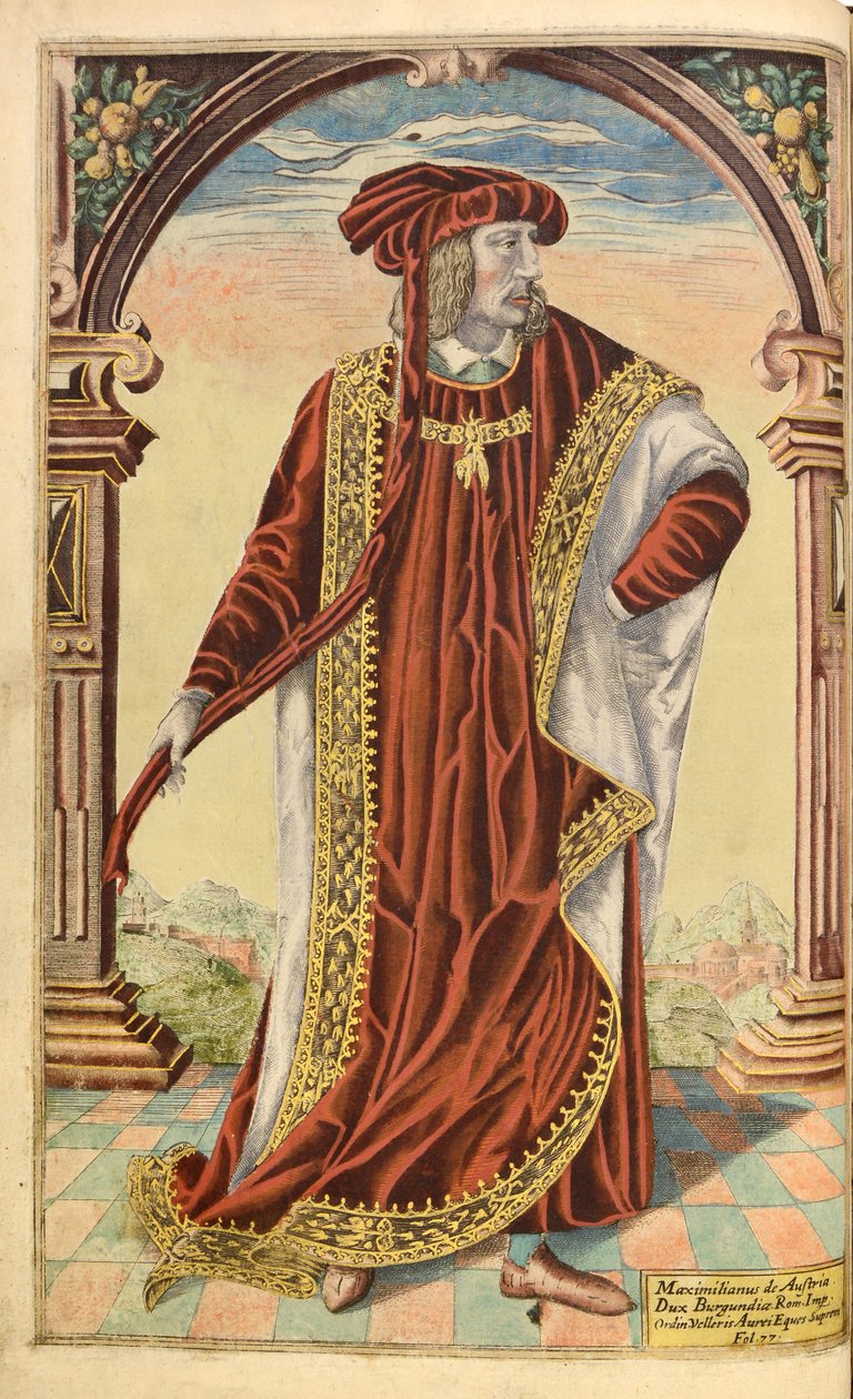 Keisari Maximilian I, of Honor Military, ja Civil, William Segar, pub. Robert Barker, Lontoo, 1602 (käsinvärinen kaiverrus) tekijältä William Rogers