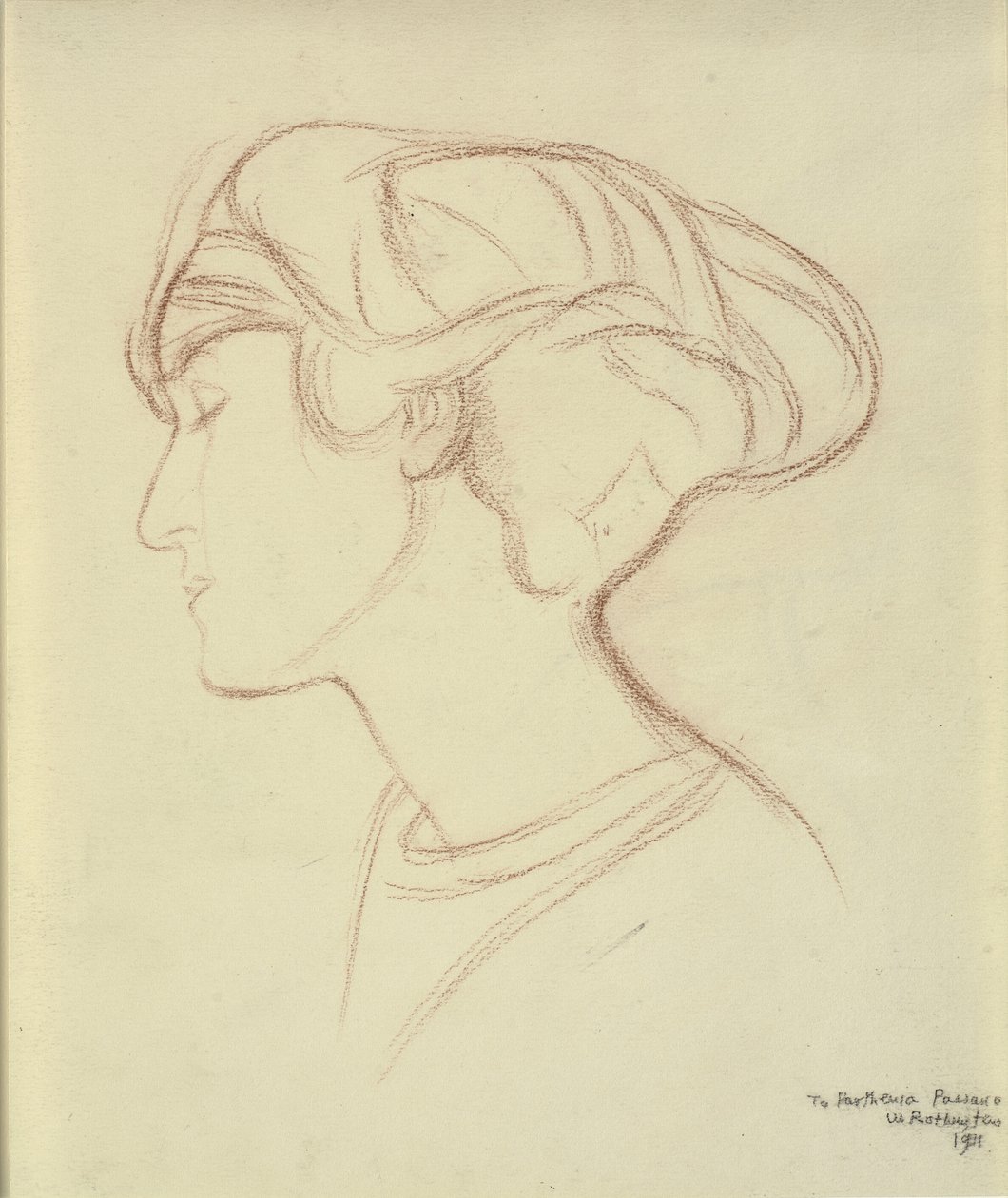 Naisen pää (Parthenia Passano?) profiilissa vasemmalla tekijältä William Rothenstein