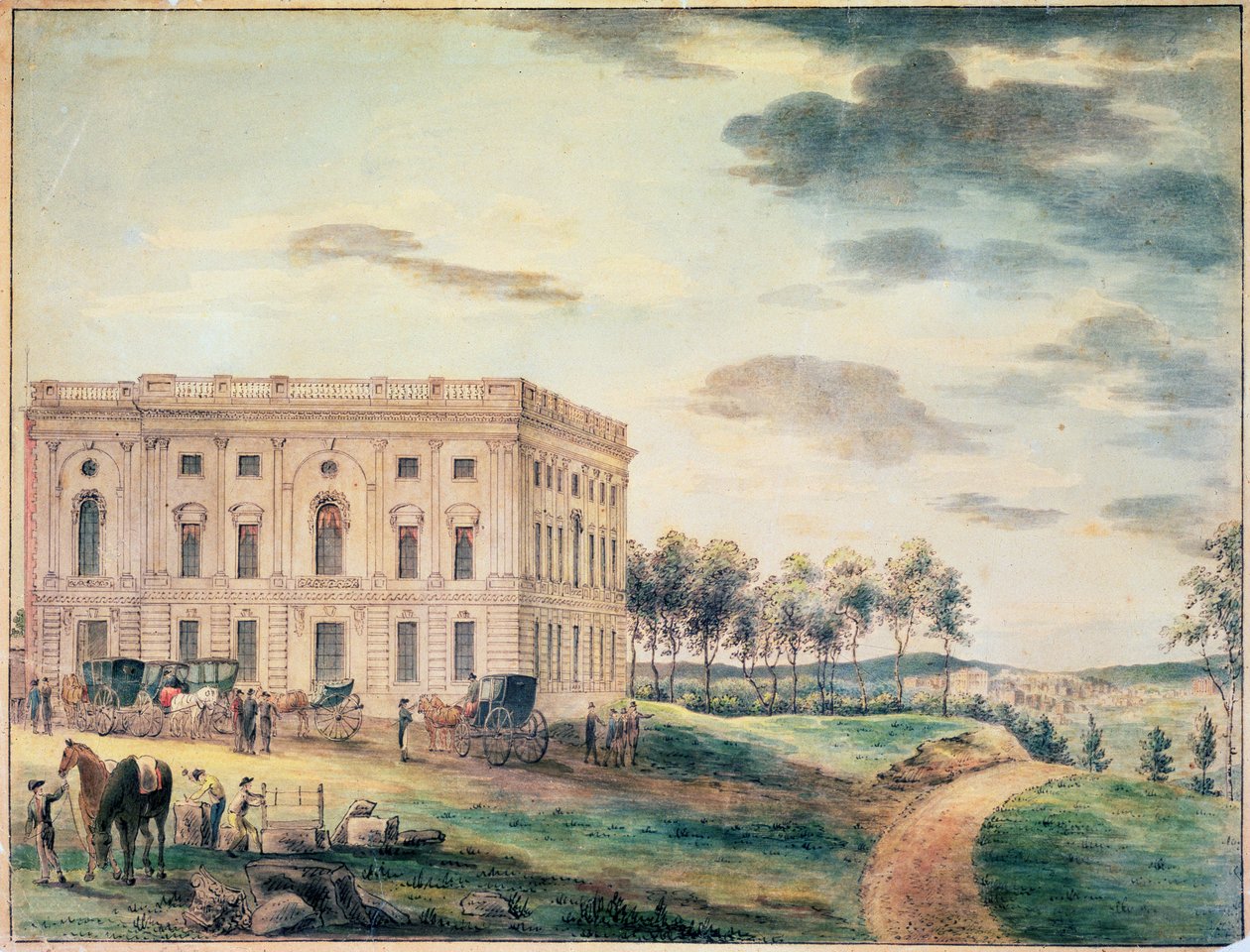 Näkymä Washingtonin Capitolista ennen kuin britit polttivat sen, n. 1800 (wc paperilla) tekijältä William Russell Birch