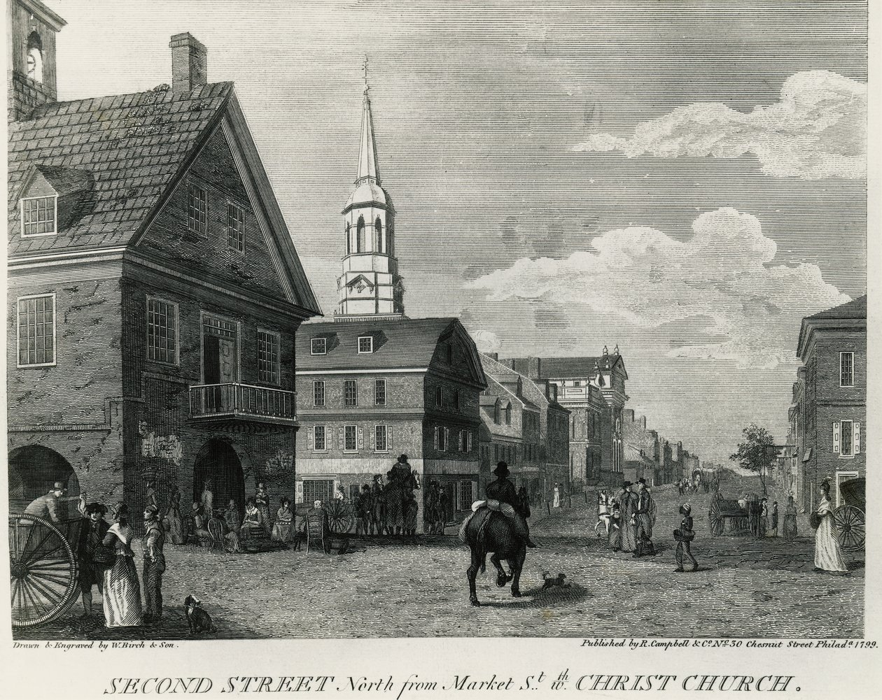 Second Street North Market Street ja Christ Church, Philadelphia, piirustus William Russell Birch (1755-1834), paina R Campbell, Yhdysvallat tekijältä William Russell Birch