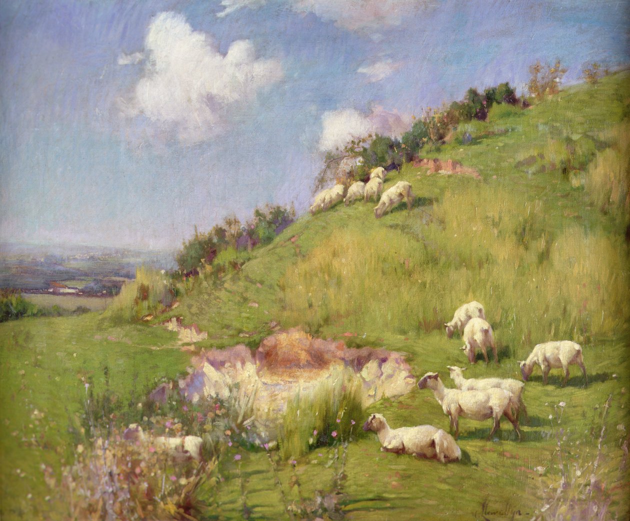Lampaat kukkulan puolella (öljy kankaalle) tekijältä William Samuel Henry Llewellyn