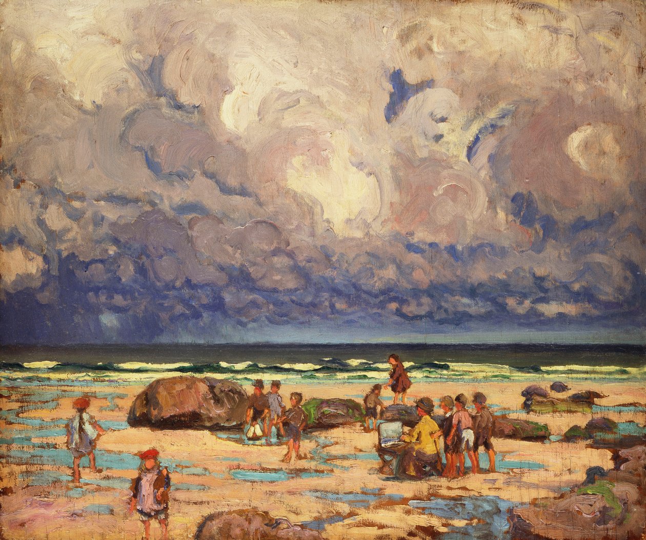 Lapset rannalla, n. 1910 (öljy paneelille) tekijältä William Samuel Horton