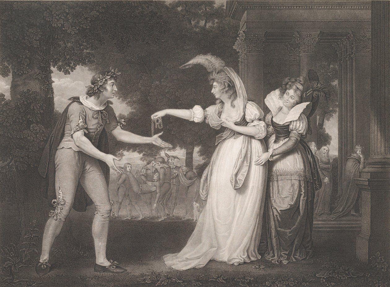 Ennen herttuan palatsia – Rosalind, Celia, Orlando, herttua..., julkaistu ensimmäisen kerran 1800, julkaistu uudelleen 1852. tekijältä William Satchwell Leney