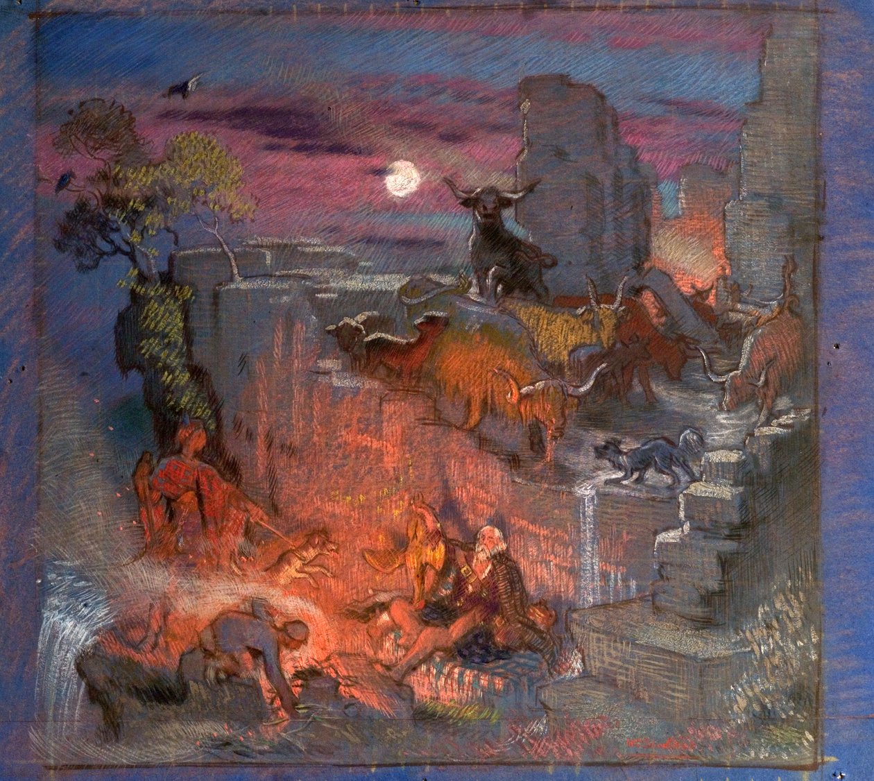 Study for Highland Raiders, n. 1918 (öljy paperille) tekijältä William Shackleton