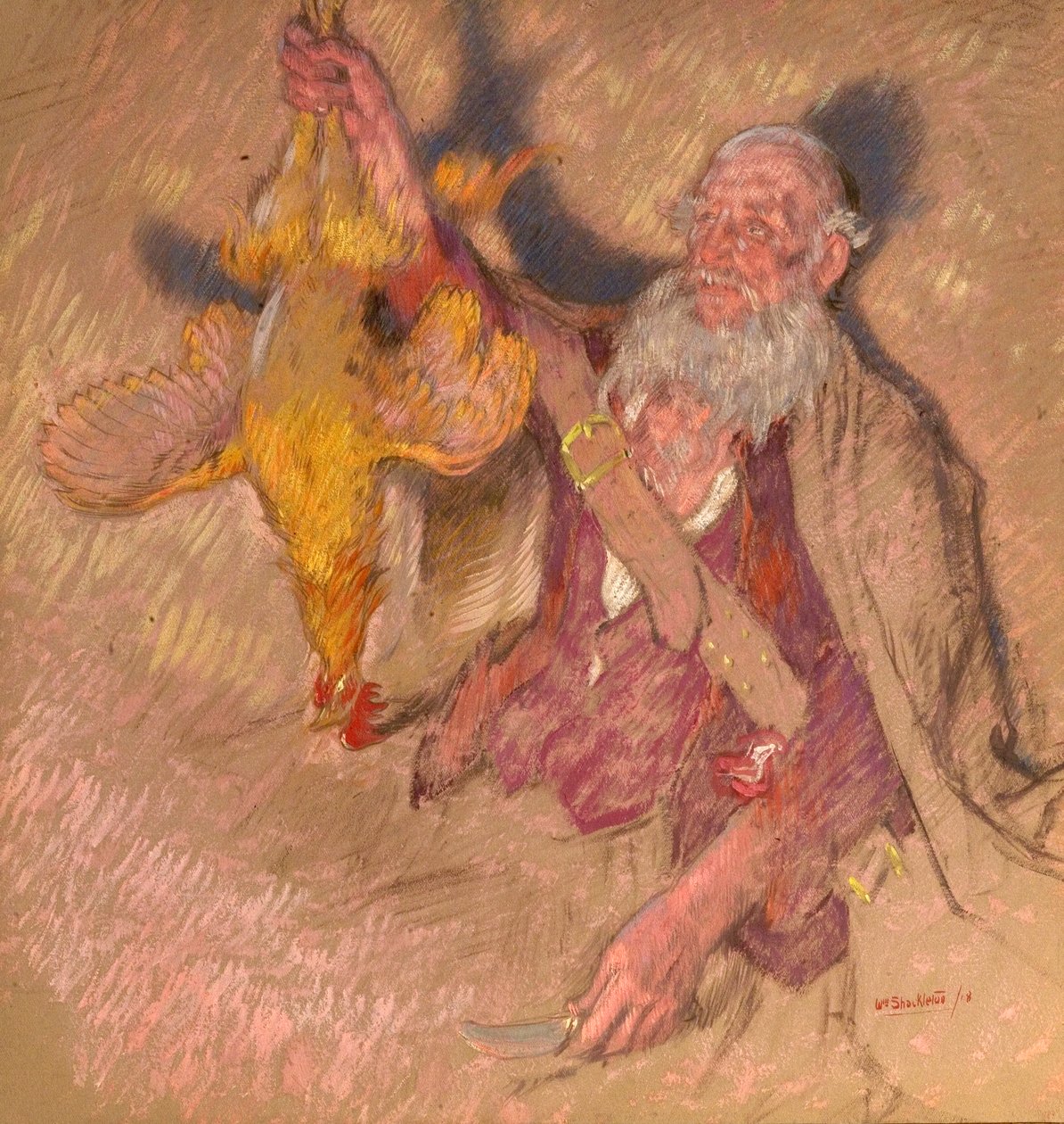 Tutkimus miehestä, joka pitää kukkoa Highland Raidersille, 1918 (öljy paperille) tekijältä William Shackleton