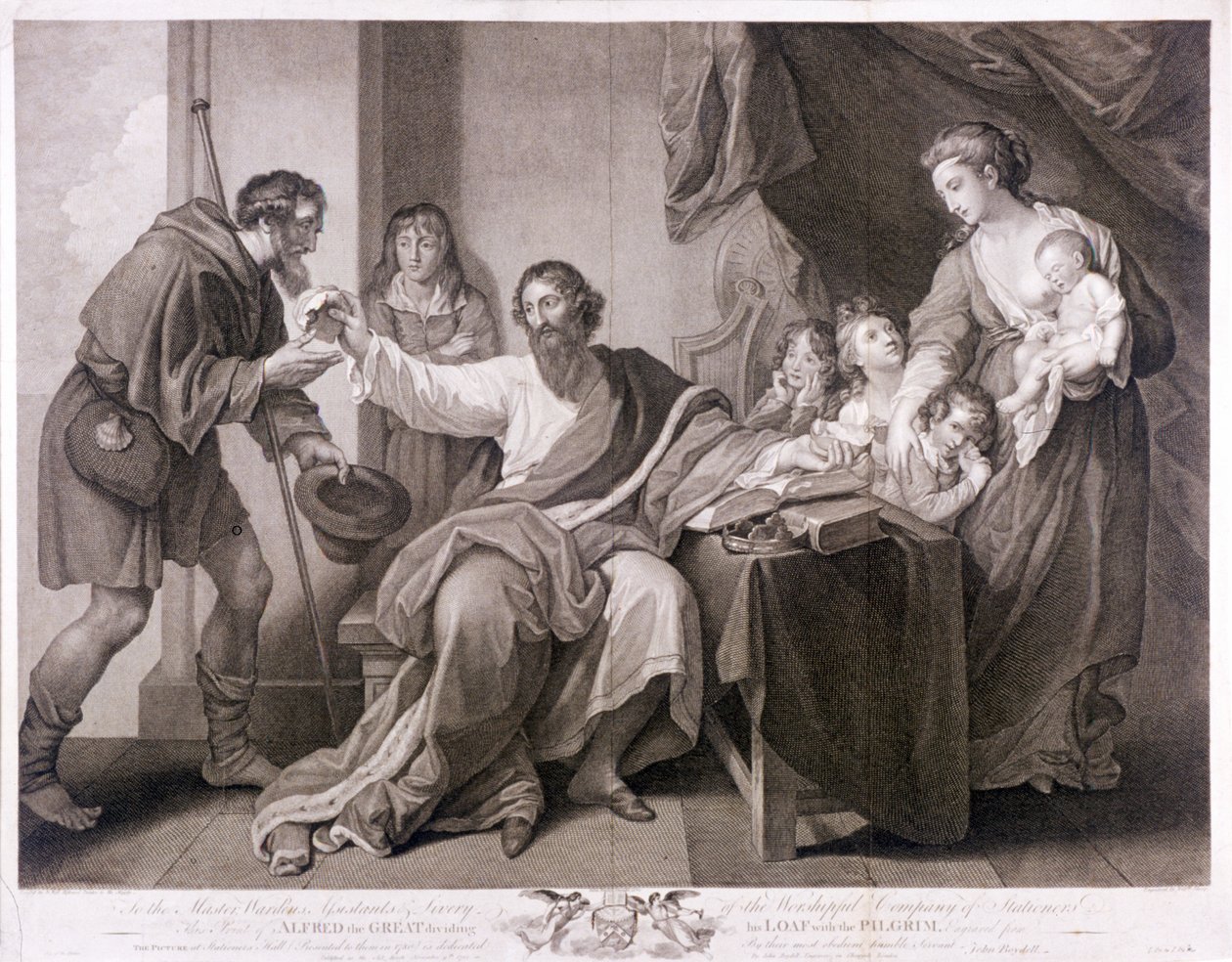 Alfred Suuri jakamassa leipäänsä pyhiinvaeltajalle, 1782 tekijältä William Sharpe