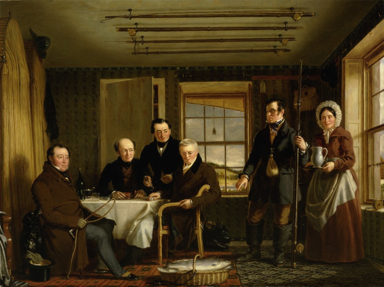 Keskustelua lohisaaliista skotlaisessa kalastusmajassa, n. 1840 (öljy kankaalle) tekijältä William Shiels
