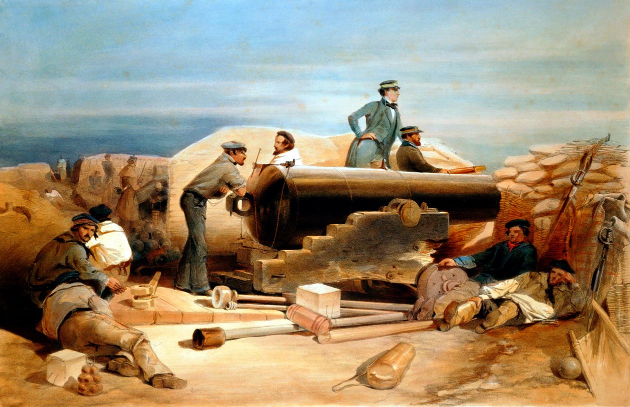 "Hiljainen päivä timanttipatterissa - muotokuva 68-naulaisesta Lancasterista", Krimin sota 1855-1856 tekijältä William Simpson
