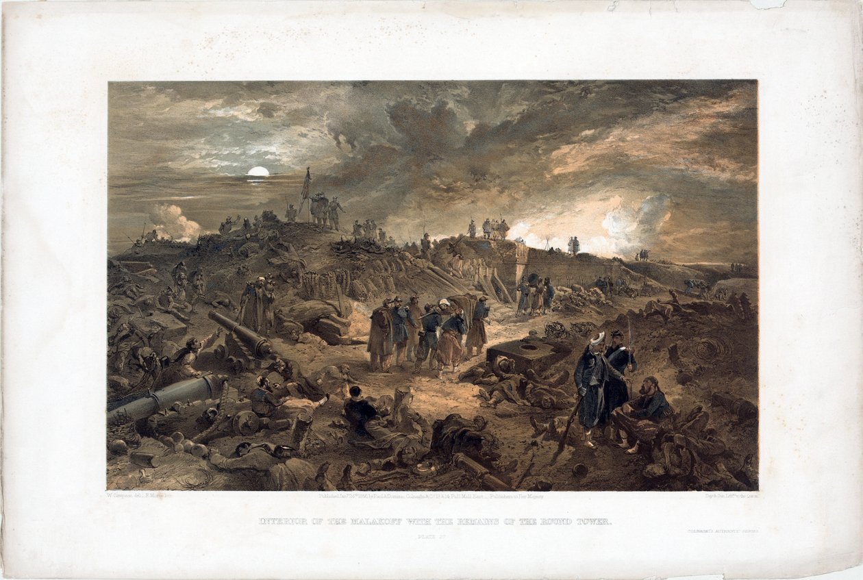 Krimin sota (1853-1856): Sebastopolin (Ukraina) piirityksen jakso, ranskalaiset joukot raunioiden joukossa Malakoffin tornin valloittamisen jälkeen, 8. syyskuuta 1855 (Malakoffin valloituksen jälkeen 8. syyskuuta 1855) - William Simpsonin litografia (18 tekijältä William Simpson