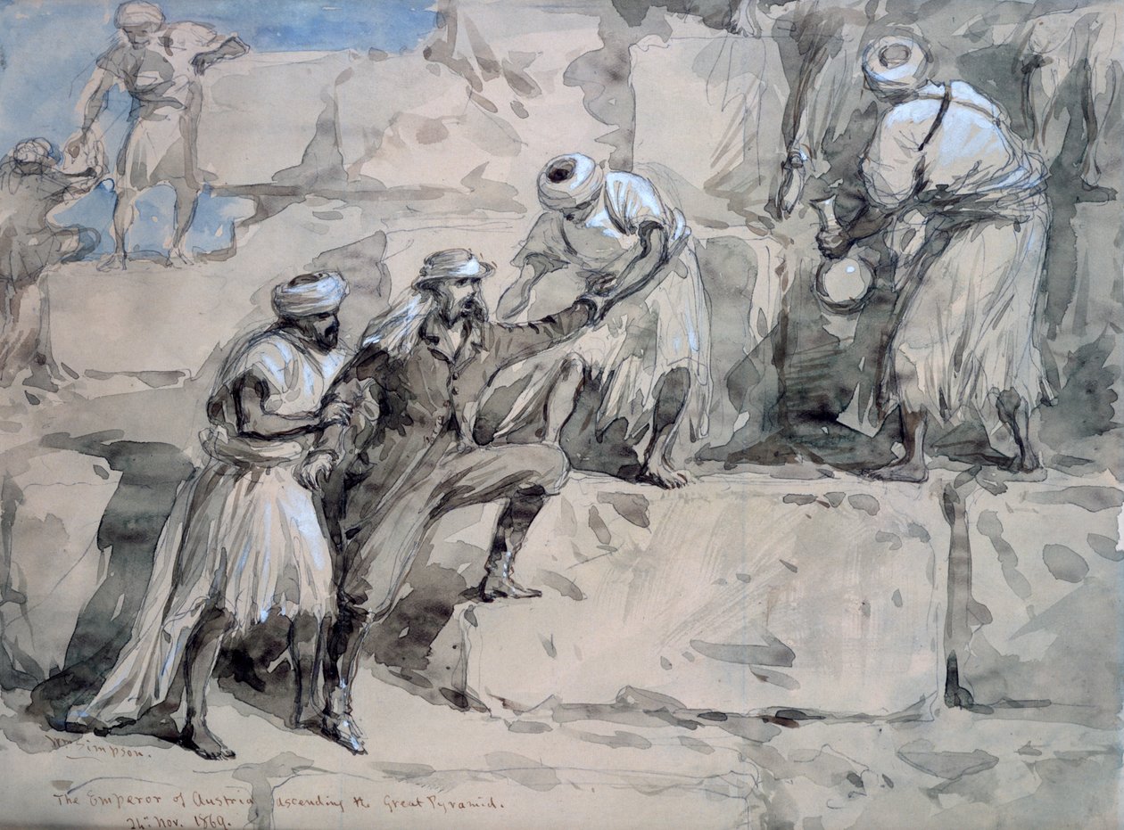 Itävallan keisari nousemassa suureen pyramidiin, Egypti, 1869. tekijältä William Crimea Simpson
