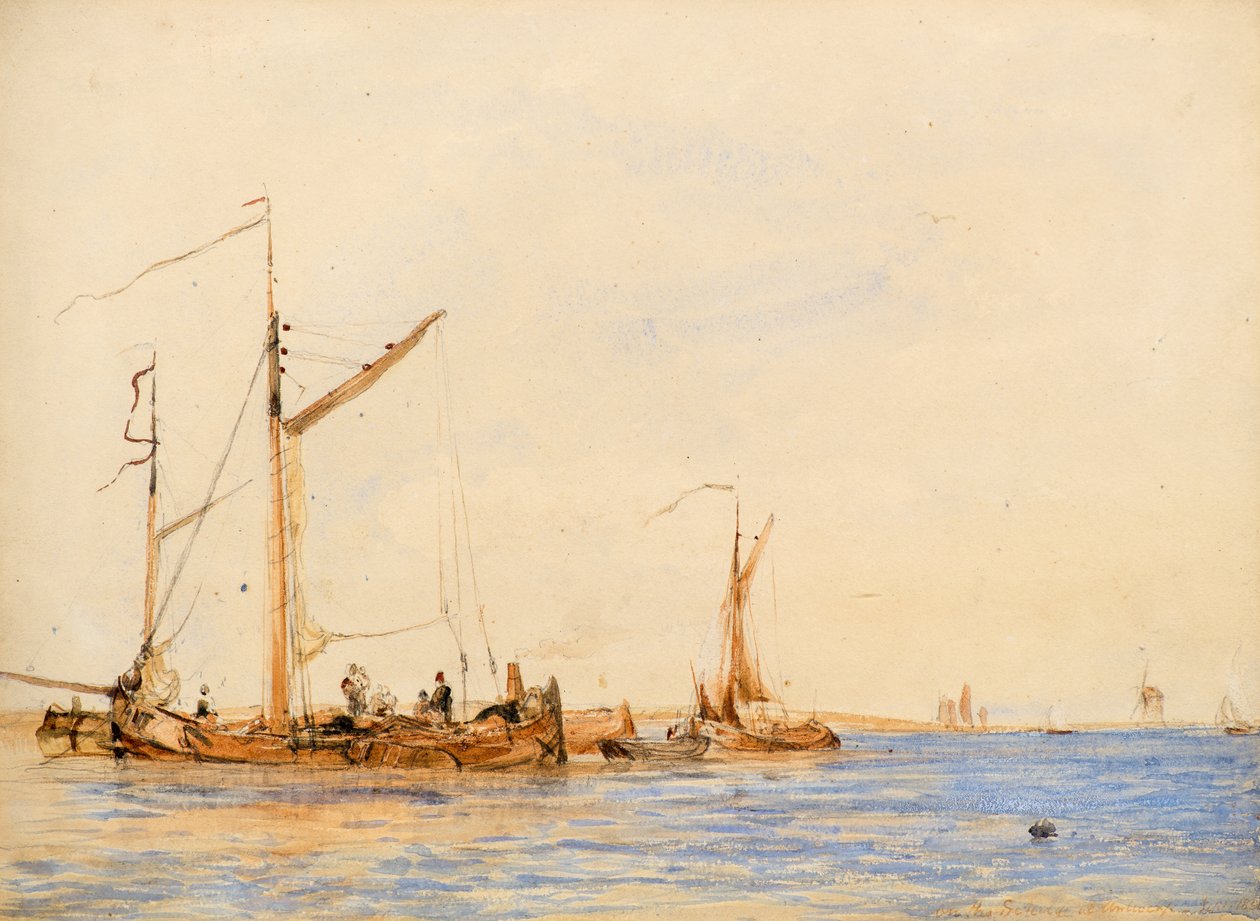 Jokikohtaus [tai Antwerpenin Scheldtissä], n. 1836 (akvarelli) tekijältä William Simson