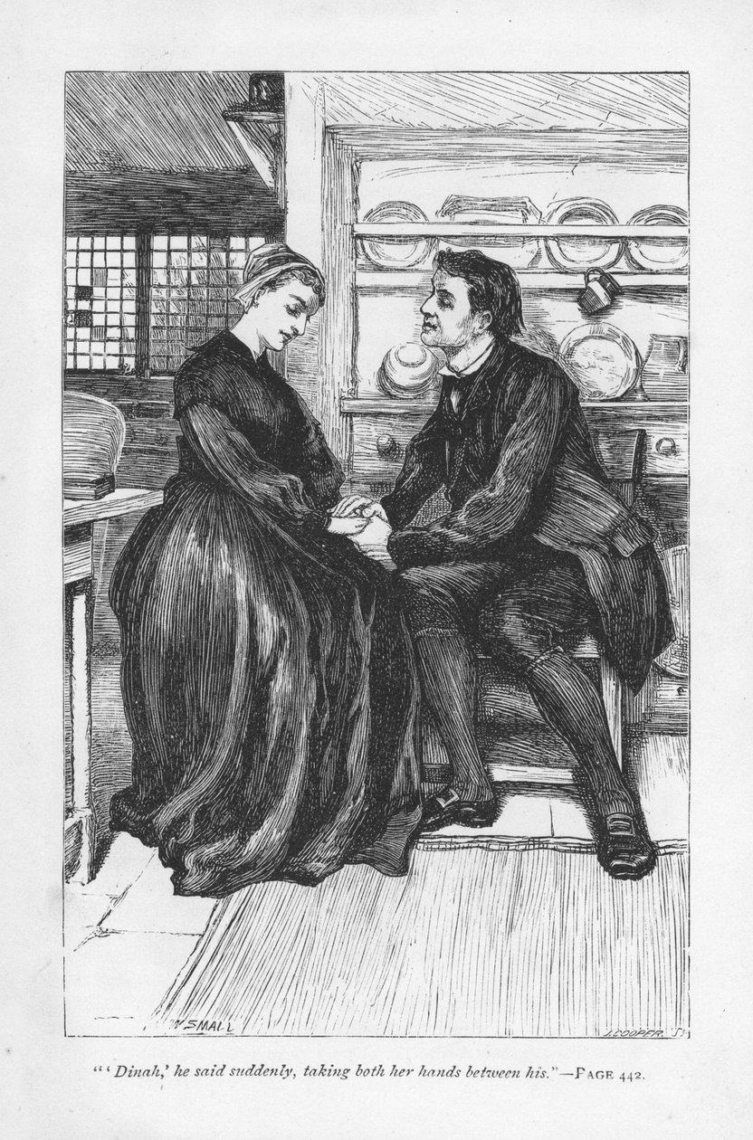 Tarinan koettelemusten ja koettelemusten jälkeen Adam Bede julistaa rakkautensa Dinah Morrisille, metodistisaarnaajalle. George Eliotin Adam Bede, julkaistu ensimmäisen kerran 1859. William Smallin (1843-1929) kuvitus vuonna 1885 julkaistusta painoksesta. tekijältä William Small