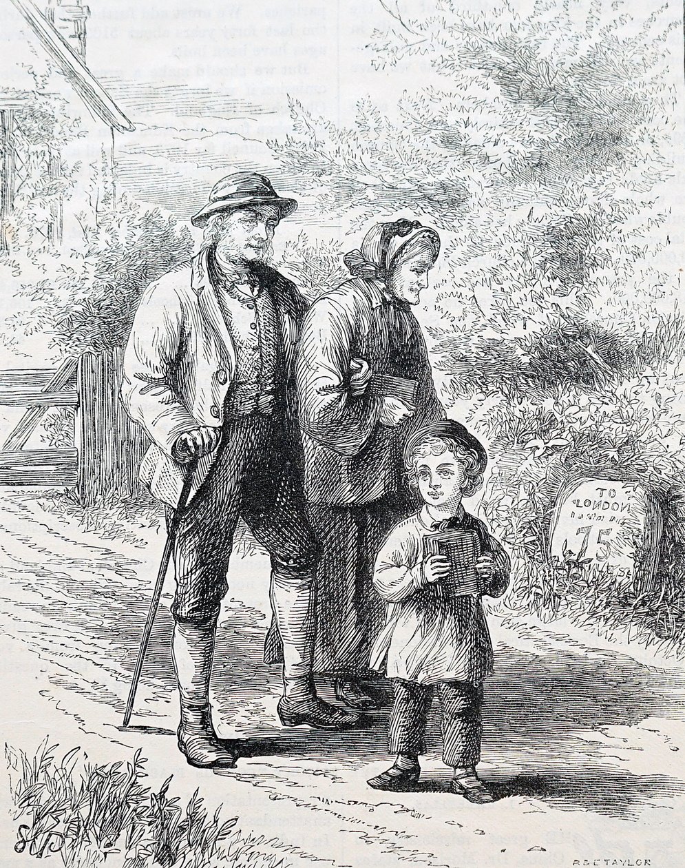 Vanha pariskunta ja heidän lapsenlapsensa. Kirjailija William Small (1843-1929) englantilainen kuvittaja. 1880 (kaiverrus) tekijältä William Small