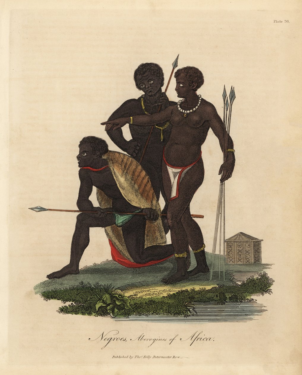 Etelä-Afrikan alkuperäisasukkaat keihäillä, eläimen nahkatakki, kaulakoru tekijältä William Smellie
