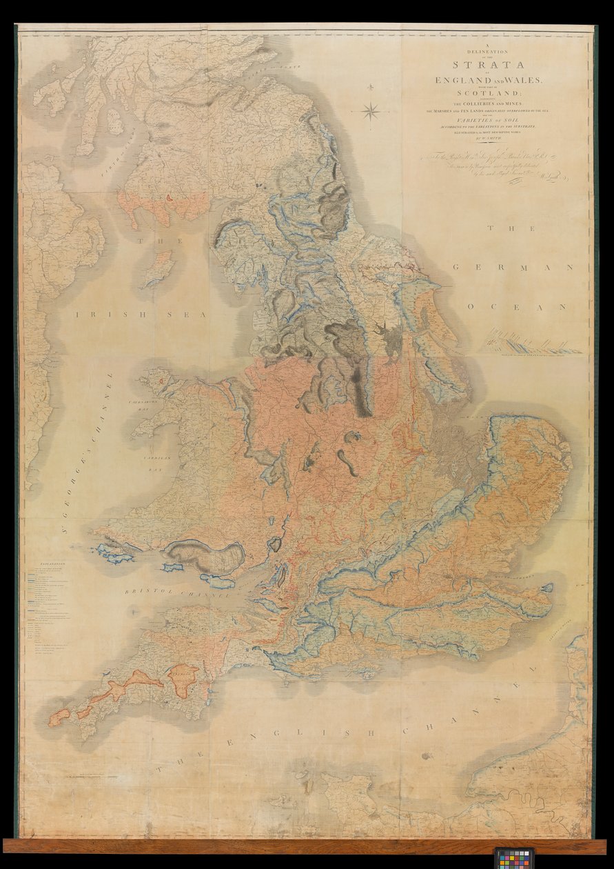 A Delineation of the Strata of England and Wales with part of Scotland exhibiting the Collieries and Mines, the Marshes and Fen Lands originally overflowed by the Sea and the varieties of soil according to the variations of the Substrata, illustrated by th tekijältä William Smith