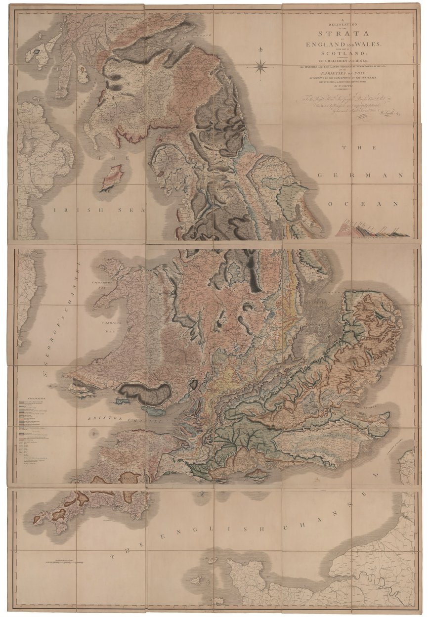 Englannin ja Walesin osien rajaaminen osan Skotlannista kanssa Ensimmäinen geologinen kartta tekijältä William Smith