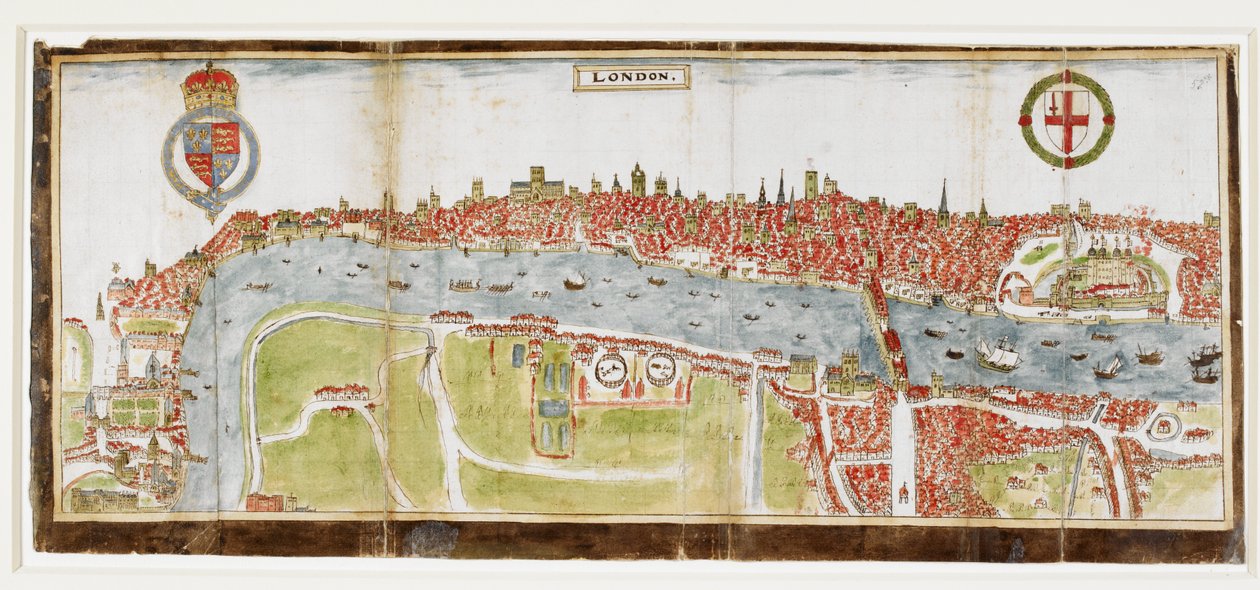 Sloane 2596, f.52 Näkymä Lontooseen etelästä, jossa näkyy Thames-joki, London Bridge ja Tower tekijältä William Smith