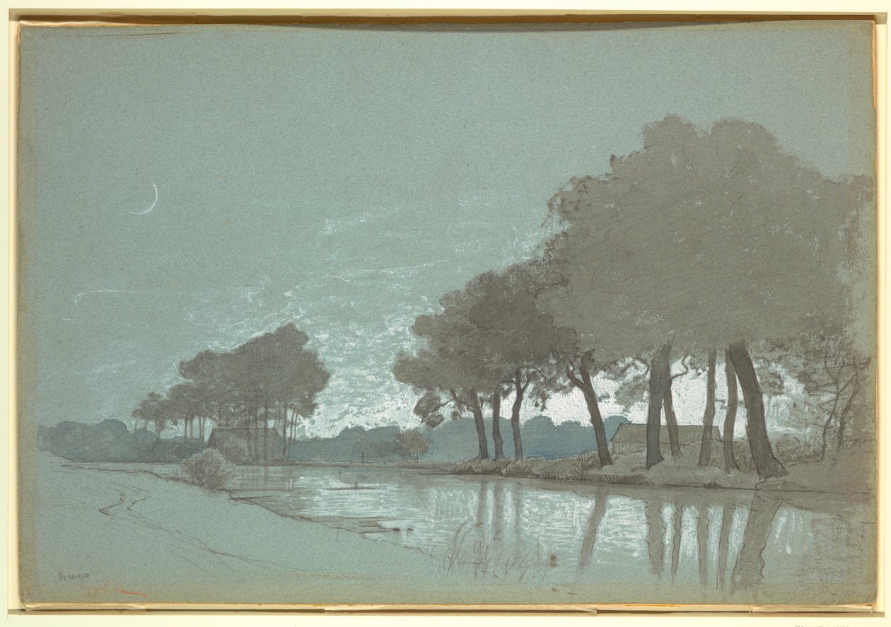 Piirros, kanavakohtaus lähellä Bruggea, Belgia, 1875-1980 tekijältä William Stanley Haseltine
