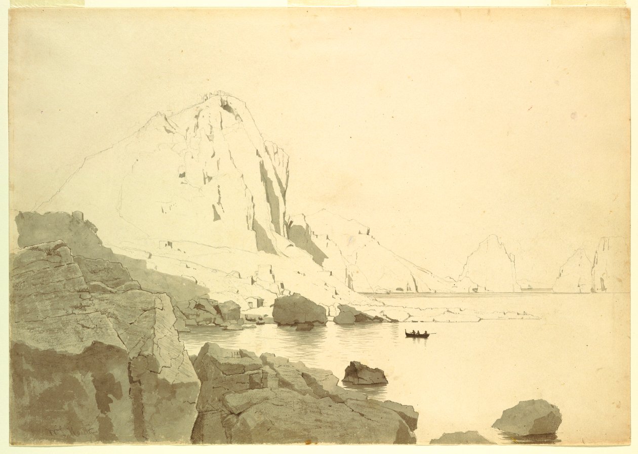 Piirros, Näkymä Caprista, Italia, jossa näkyy etelärannikko ja Faraglione, n. 1865. tekijältä William Stanley Haseltine