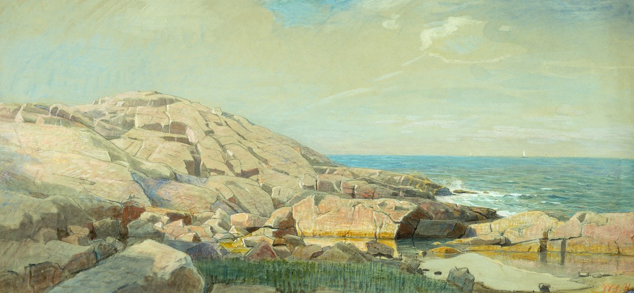 Maine Coast auringonlaskun aikaan (sekoitetut materiaalit paperille) tekijältä William Stanley Haseltine