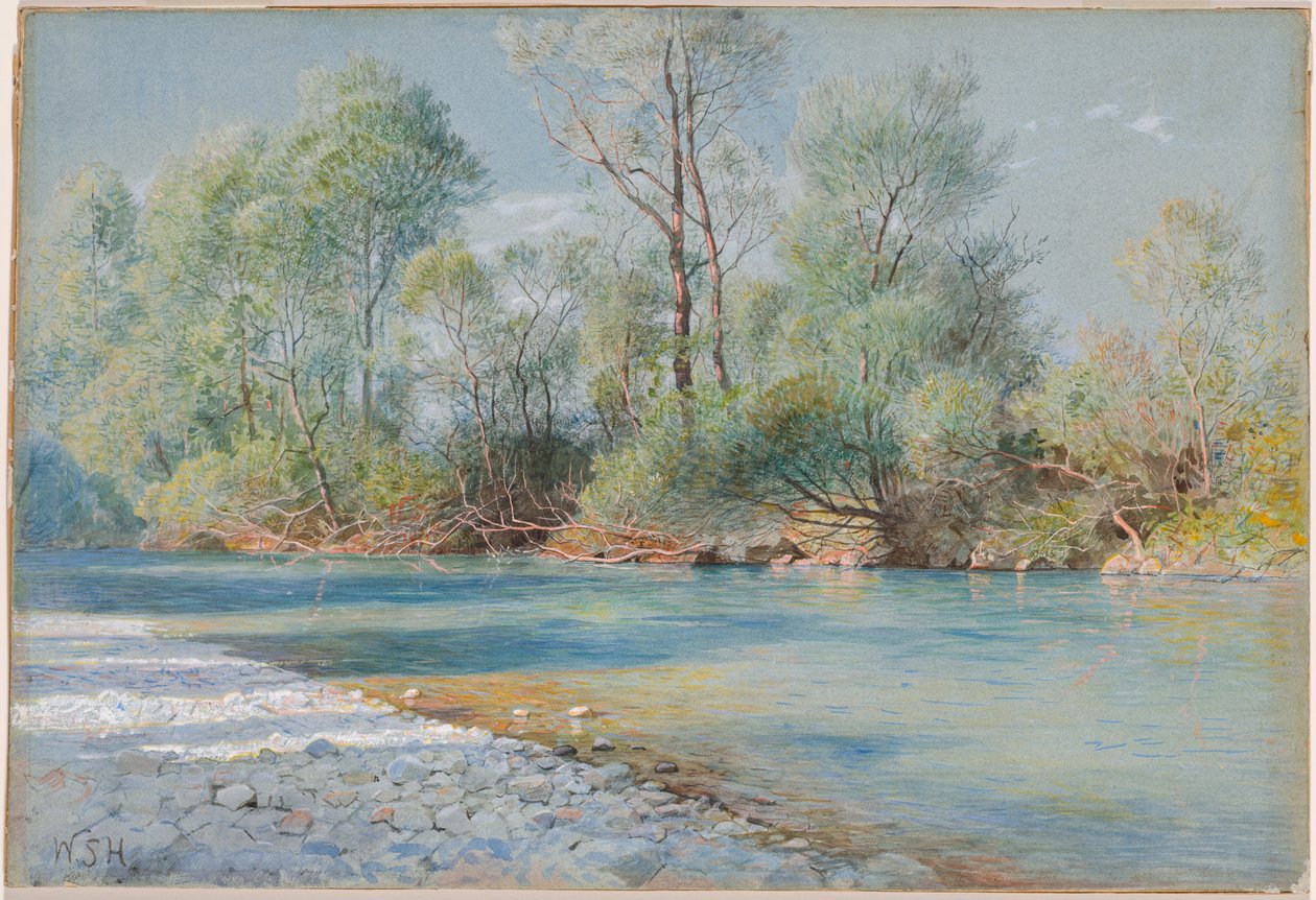Traunstein-joki Empfigin tiellä, Baijeri, noin 1893-96 (akvarelli ja guassi siniselle paperille). tekijältä William Stanley Haseltine