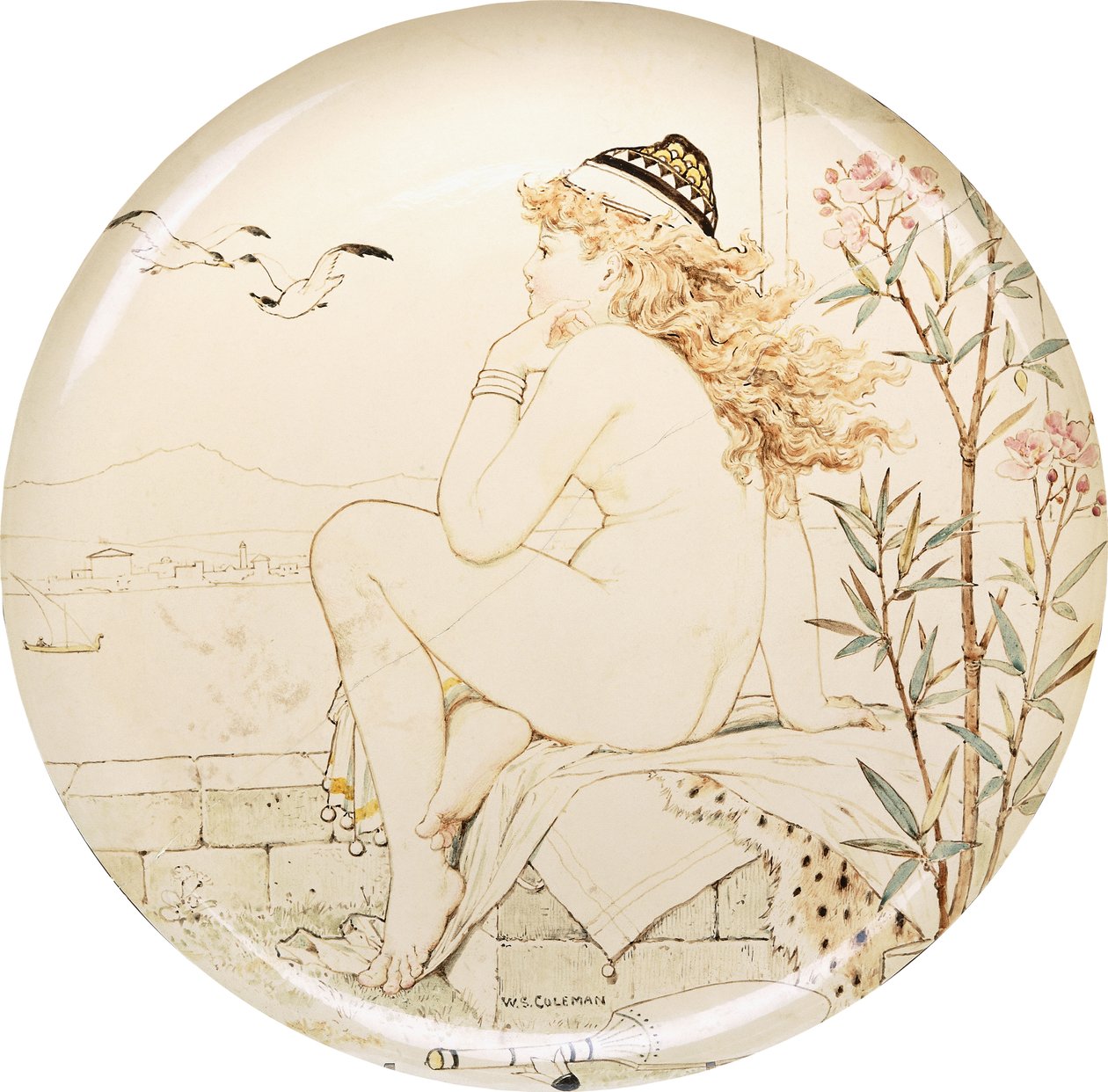 Minton Art Pottery Studion laturi, maalattu merelle tuijottavalla alastonkuvalla, 1800-luku tekijältä William Stephen Coleman