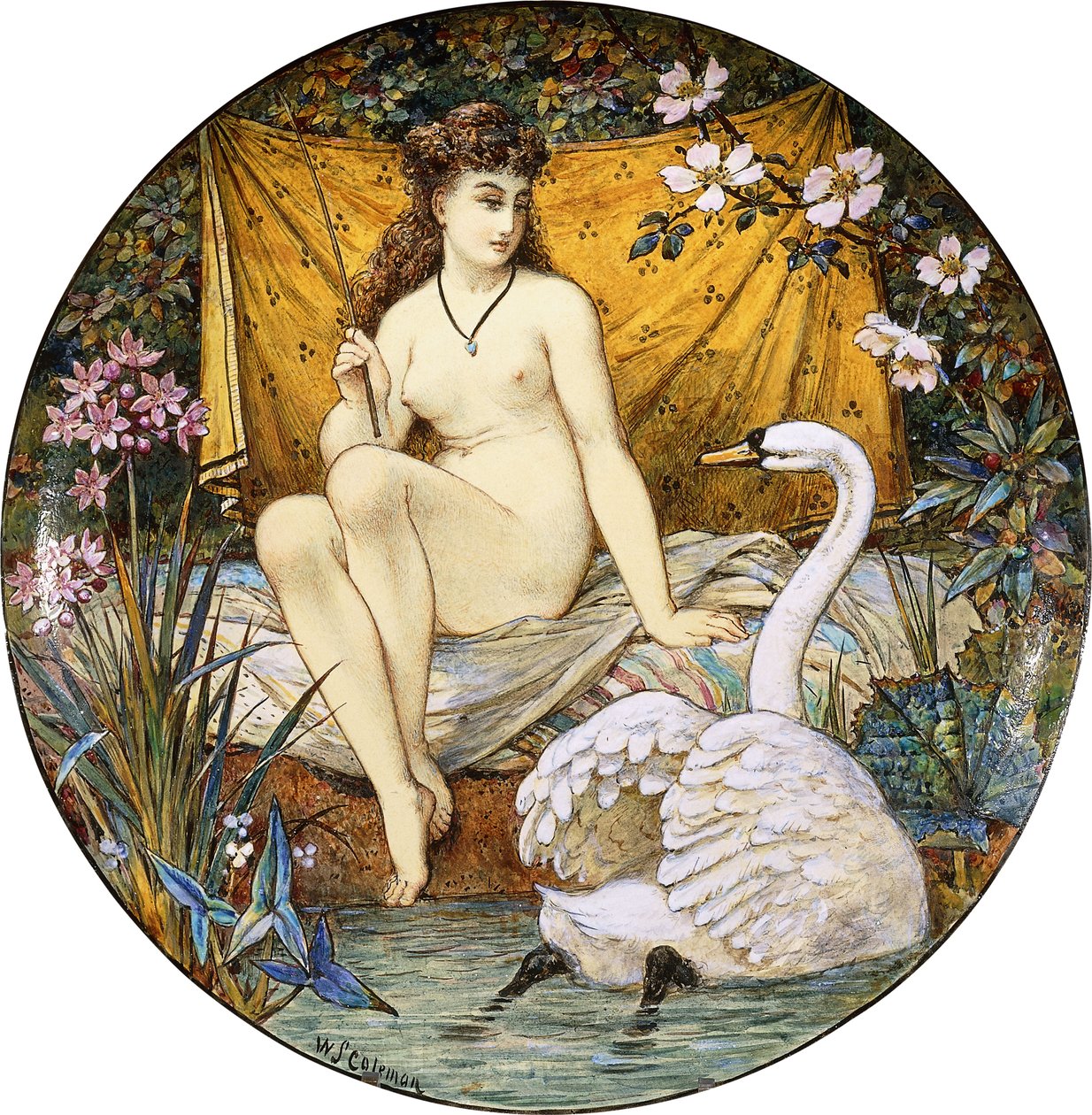 Minton keramiikka suuri tazza, joka kuvaa Ledaa ja joutsenta, tekijältä William Stephen Coleman