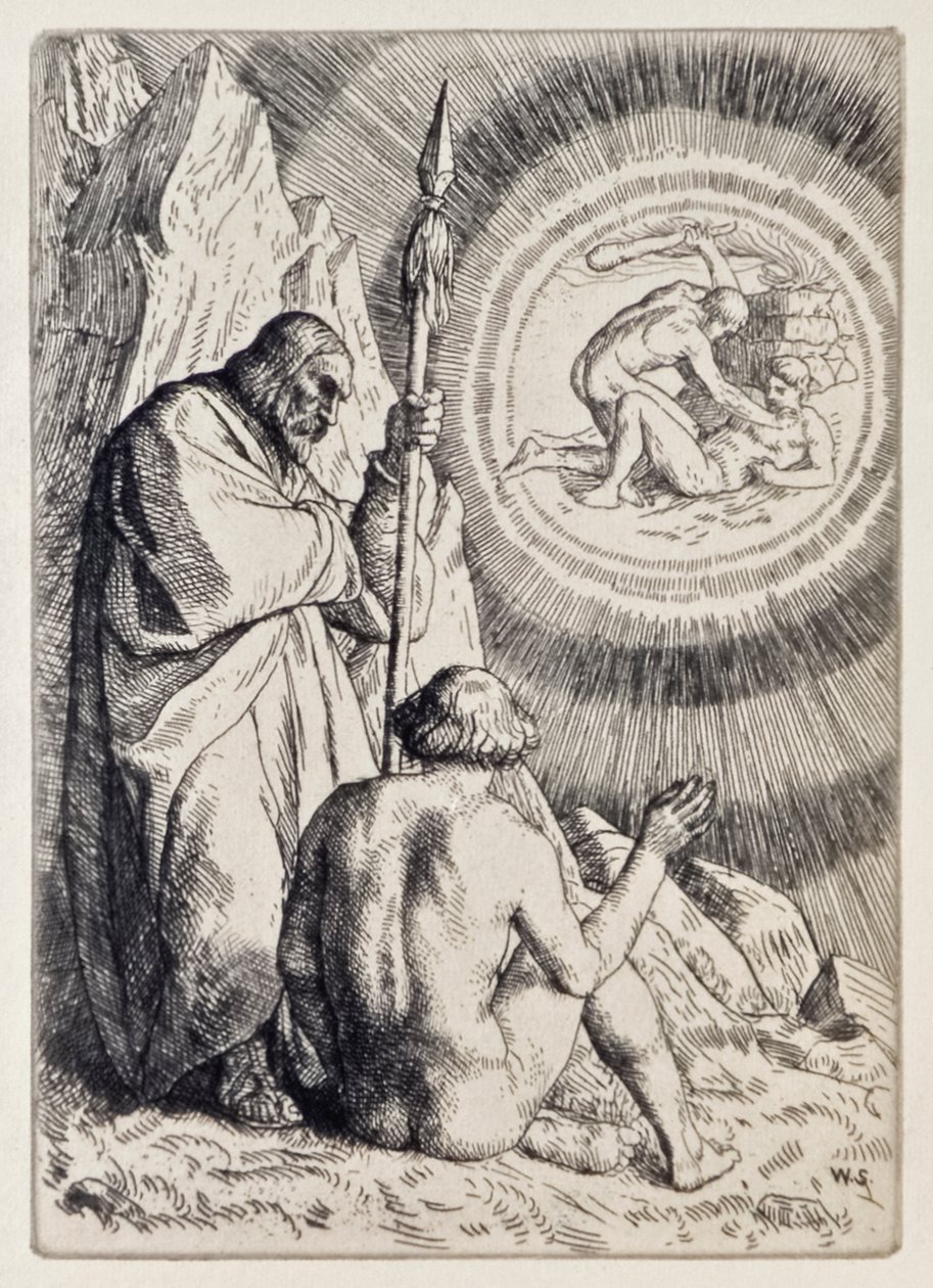 Michael asettaa Adamin eteen näyn John Miltonin (1608-1674) kadonneesta paratiisista 12 kuvituksen sarjan, jonka on kaivertanut William Strang (1859-1921) tekijältä William Strang