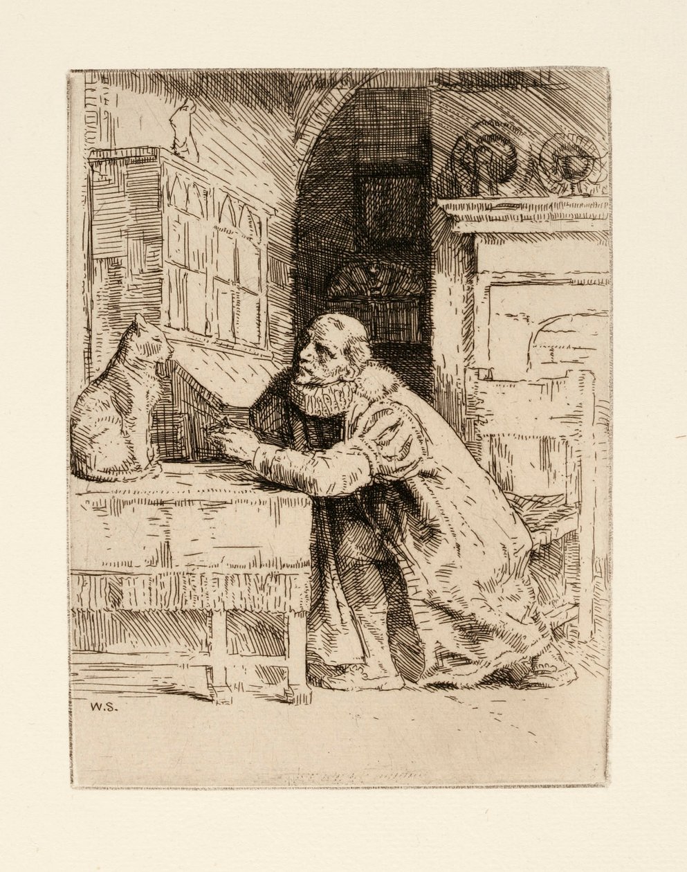 Montaigne ja kissa. Kuvitusta Izaak Waltonin ja Charles Cottonin The Compleat Agler tekijältä William Strang