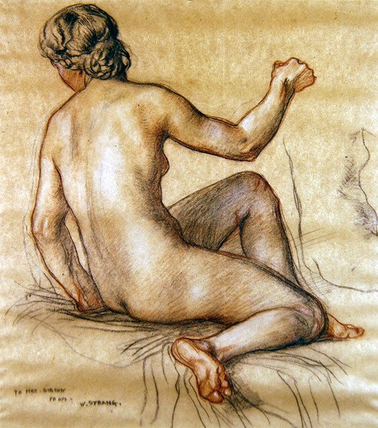 Tutkimus naisesta, joka istuu takaapäin, n. 1890 (hiili, punainen ja valkoinen liitu paperille) tekijältä William Strang