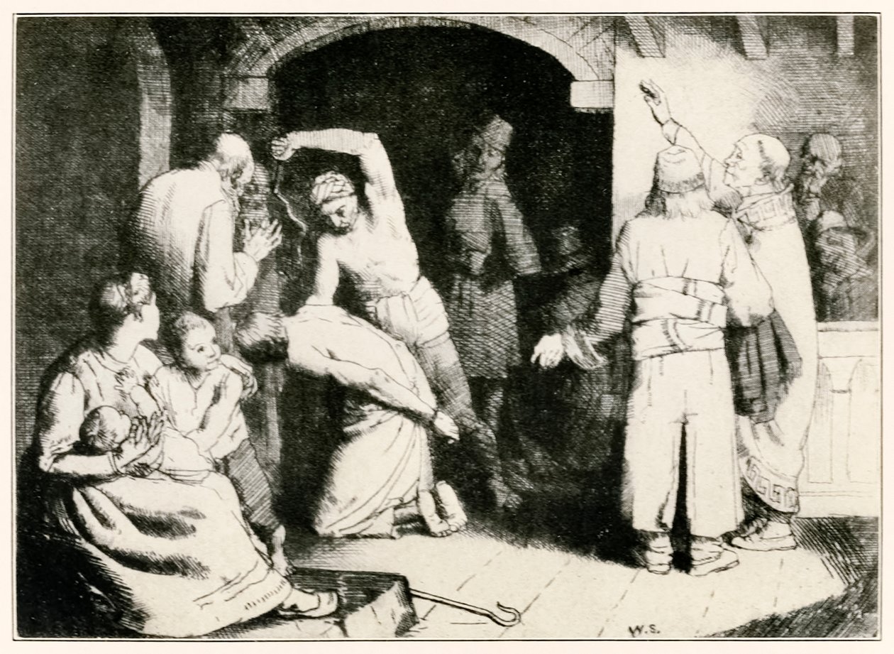 The Scourging of Faithful from The Pilgrims Etenee tästä maailmasta siihen, mikä on tuleva, John Bunyan (1628-1688) kuvitus William Strang (1859-1921) Faithfulia kidutetaan oikeudenkäynnin jälkeen tekijältä William Strang