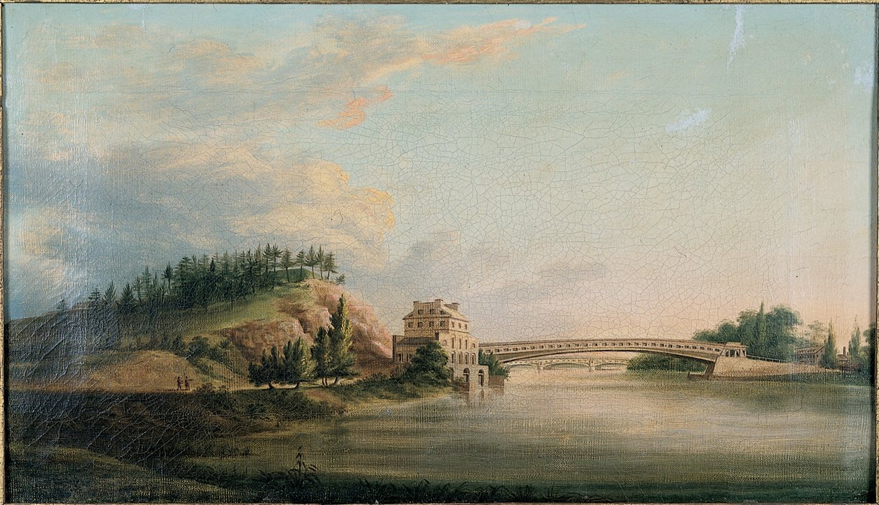 Näkymä sillalta Schuylkill-joen yli, n. 1815 tekijältä William Strickland