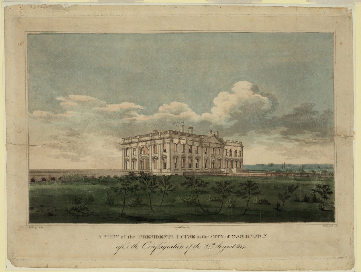 Näkymä Valkoisesta talosta Washingtonin kaupungissa 24. elokuuta 1814 alkaneen tulipalon jälkeen, 1. tekijältä William Strickland
