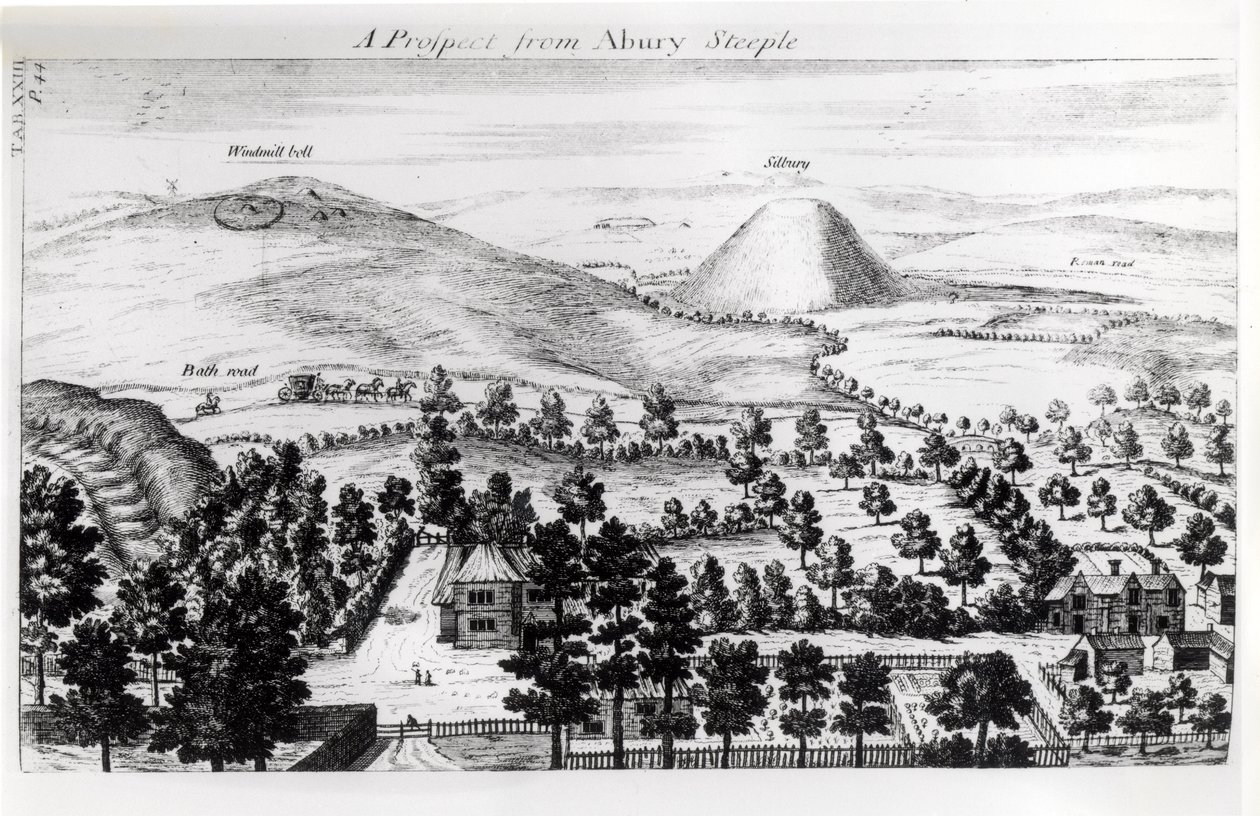 Näkymä Silbury Hillin Avebury-tornista, kuvitus William Stukeleyn teoksesta Stonehenge: brittiläisille druideille entisöity temppeli, 1740 tekijältä William Stukeley
