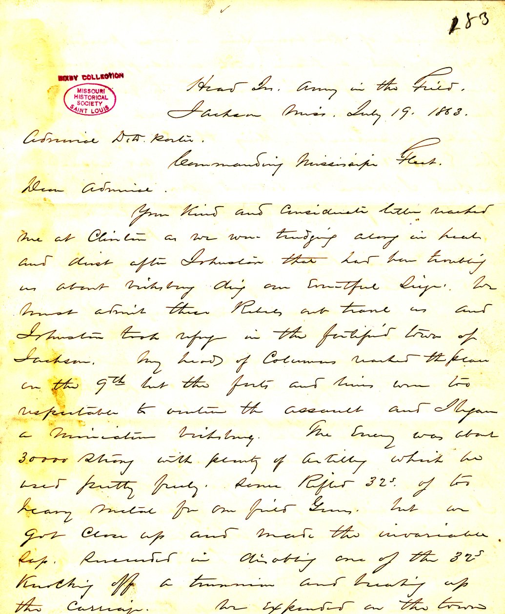 Kirje W. T. Shermanilta, päämaja, Army in the Field, Jackson, Mississippi, [David D.] Porterille, 19. heinäkuuta 1863 tekijältä William T. Sherman