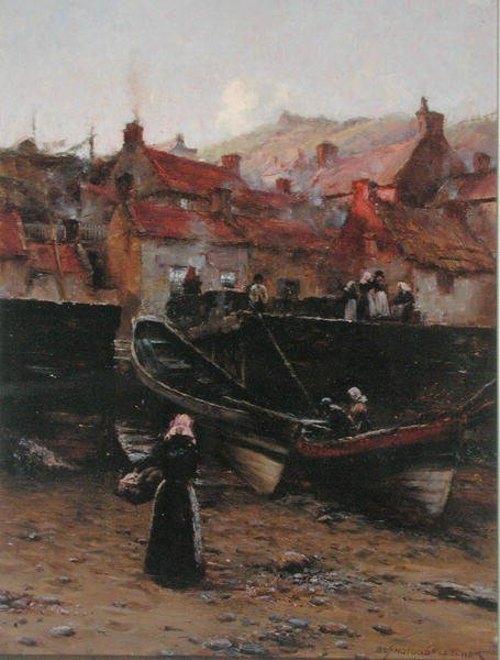Quayside at Staithes, Yorkshire (öljy kankaalle) tekijältä William Teulon Blandford Fletcher