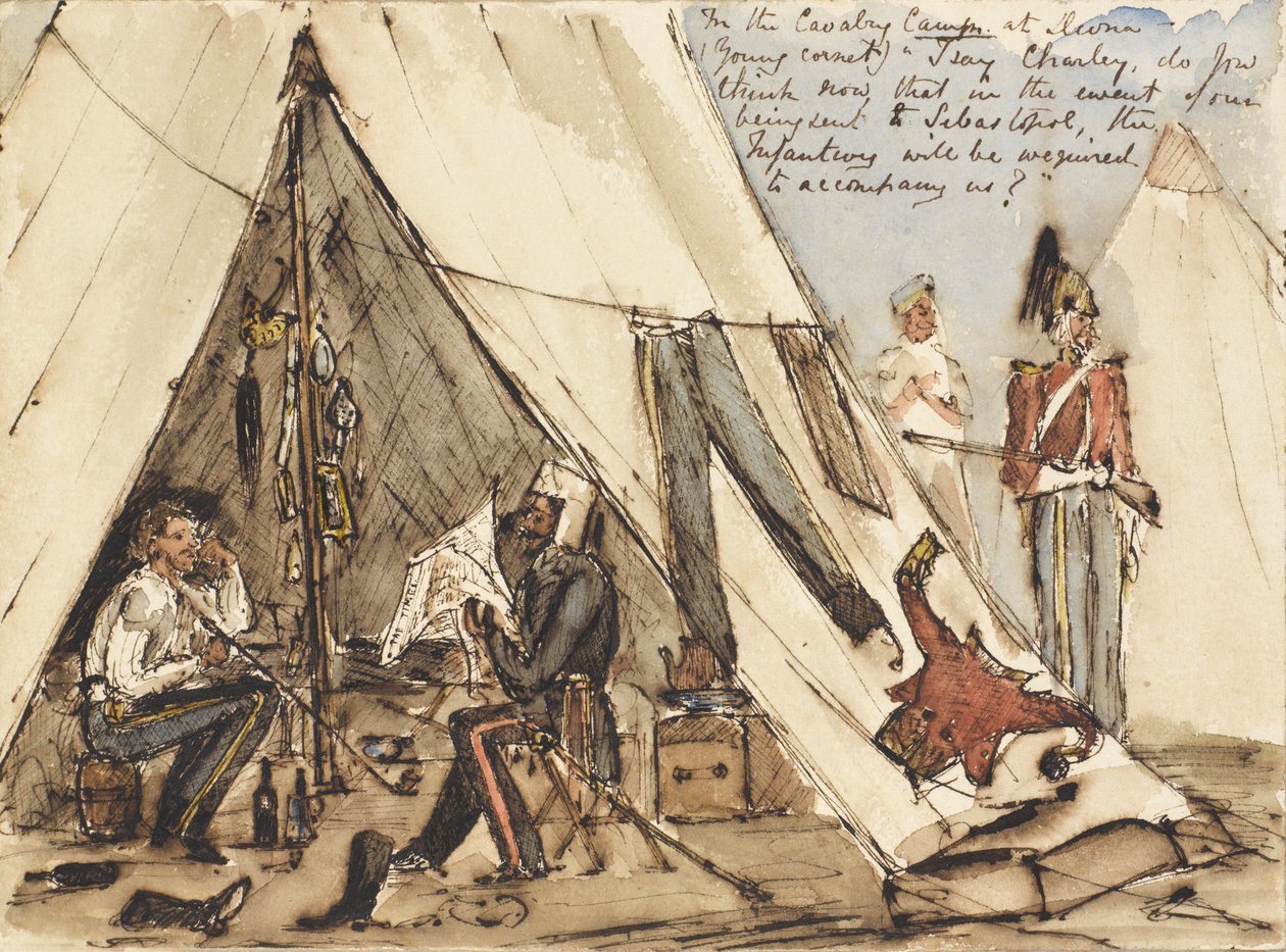 Ratsuväen leirissä Devnassa (nuori kornetti) "Sanonpa Charley, luuletko nyt, että jos meidät lähetetään Sebastopoliin, jalkaväkeä tarvitaan mukaamme?", noin 1854 (tussi ja tussi ja wc). tekijältä William Thomas Markham