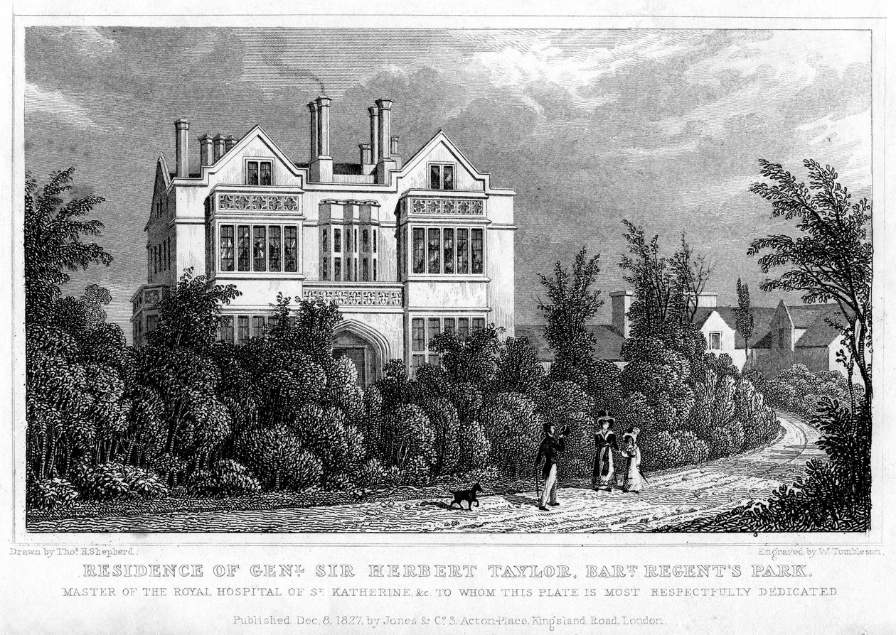 Kenraali Sir Herbert Taylorin asuinpaikka, Baronet, Regents Park, Lontoo, 1827. tekijältä William Tombleson