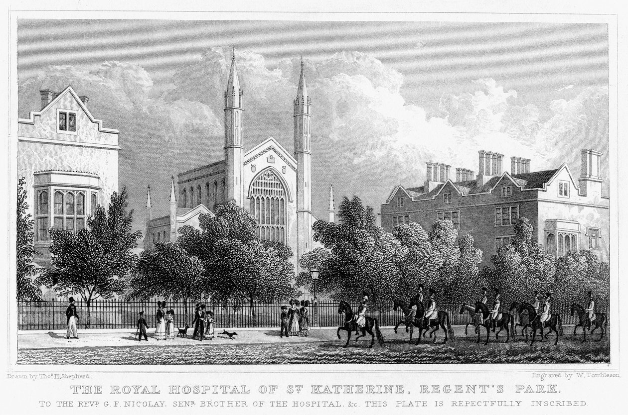 St Katherinen kuninkaallinen sairaala, Regents Park, Lontoo, 1827. tekijältä William Tombleson