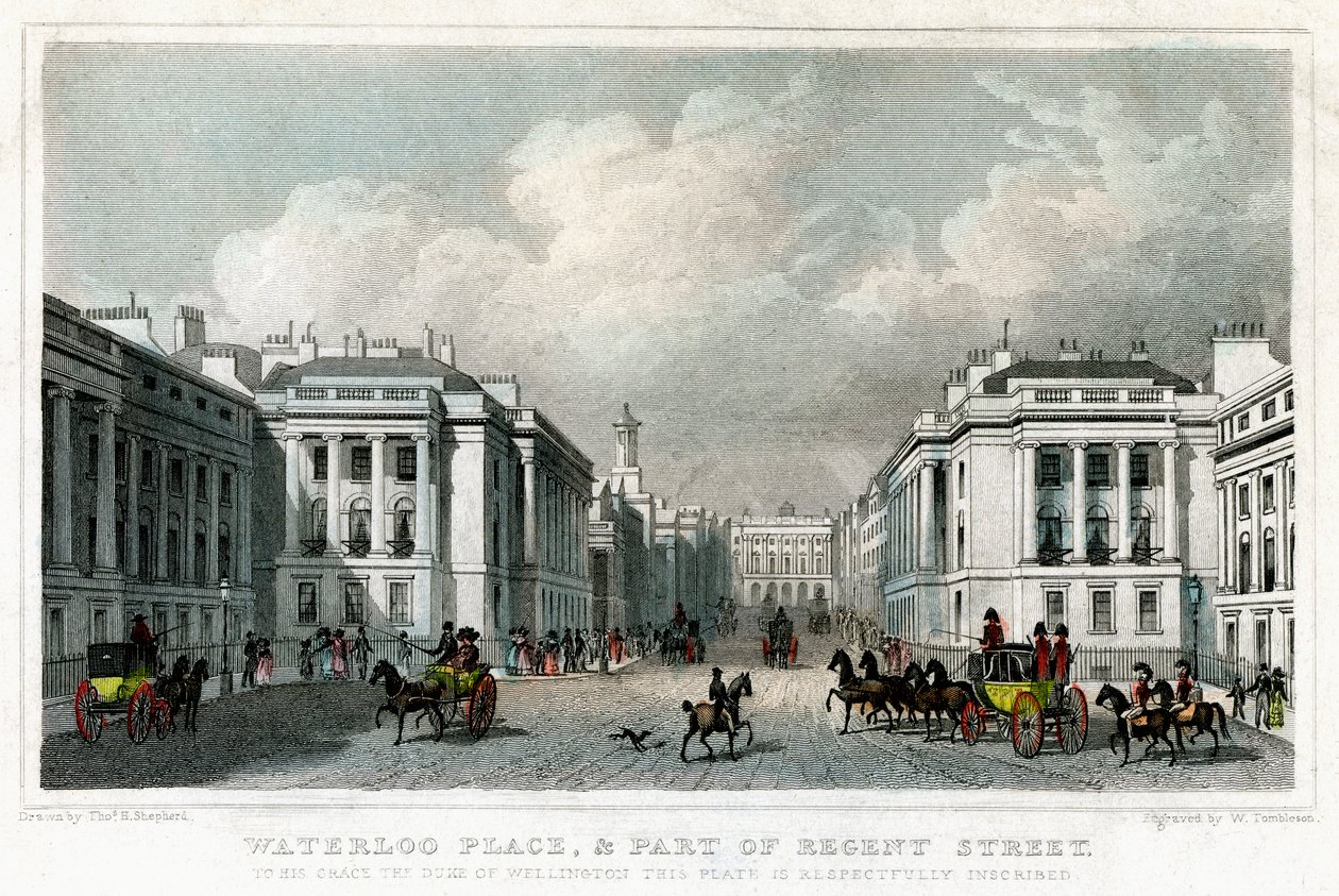 Waterloo Place ja osa Regent Streetiä, Westminster, Lontoo, 1828. tekijältä William Tombleson