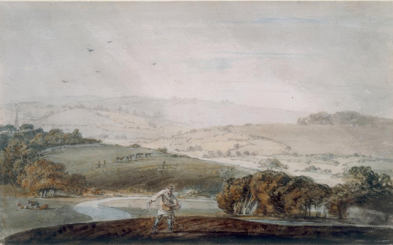 Maanviljelijä kylvää, jokilaakso ja kumpuilevat kukkulat takana tekijältä Joseph Mallord William Turner