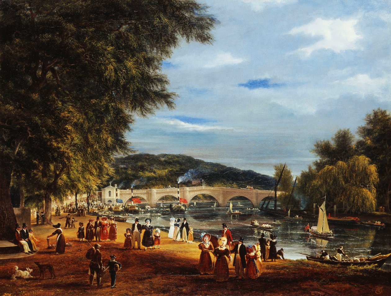 Näkymä Richmondin sillalle, veneitä joella ja hahmoja kävelemässä, tekijältä Joseph Mallord William Turner