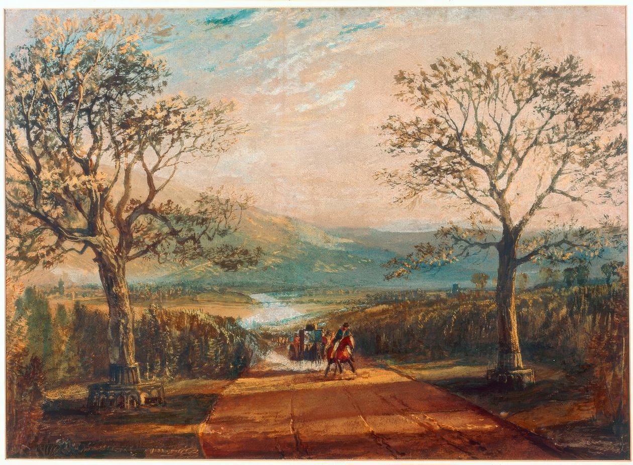 Linja-auto tiellä laakson läpi, takana nummi tekijältä Joseph Mallord William Turner
