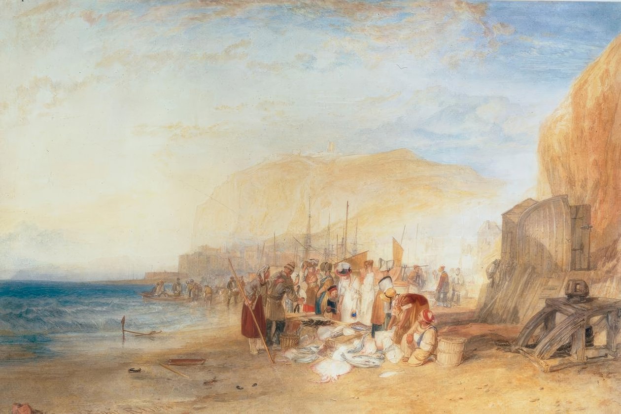 Hastings: Kalamarkkinat hiekkarannalla, aikainen aamu tekijältä Joseph Mallord William Turner