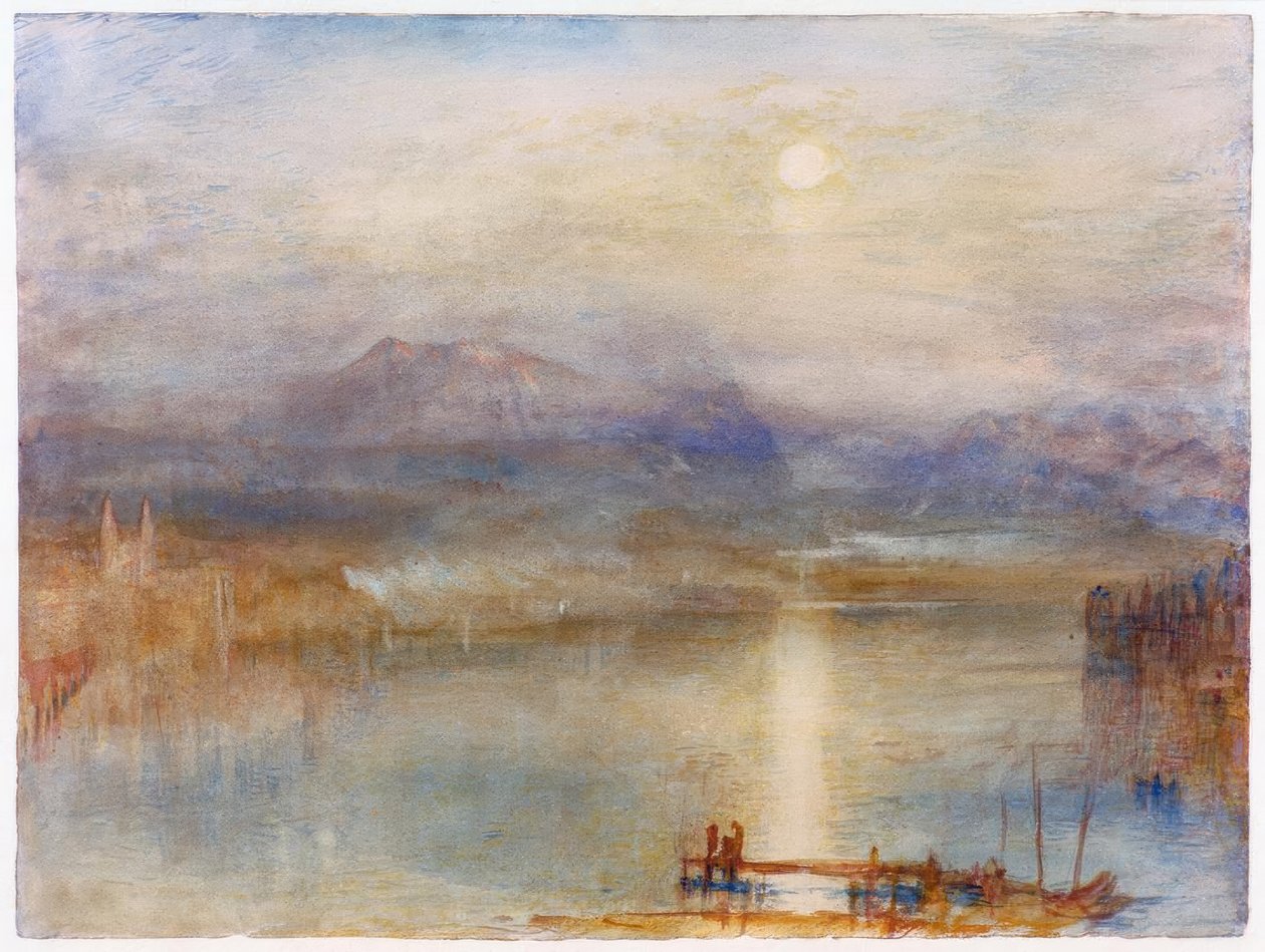 Kuutamo Luzernjärven yli taustaa vasten tekijältä Joseph Mallord William Turner
