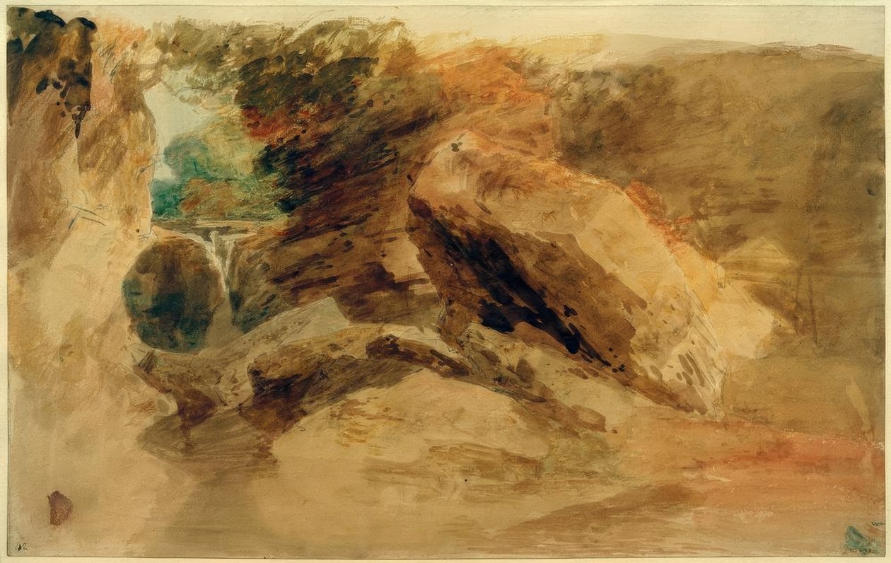 Kiviä kallion alla, ja virta putoaa kapeaan kanavaan tekijältä Joseph Mallord William Turner