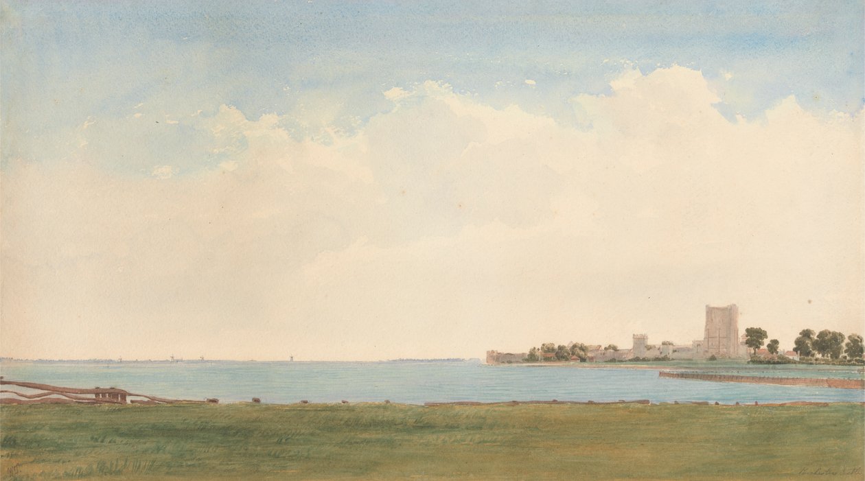 Portchesterin linna: Näkymä Portchester Villagesta Veden yli Portsmouthiin tekijältä William Turner of Oxford