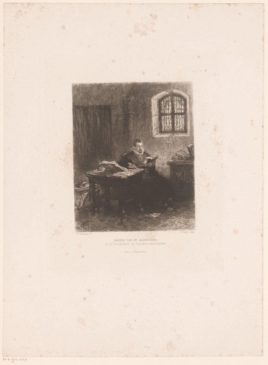 Philip van Marnix van Sint-Aldegonde vankilassa Marnix van St. Aldegonde, kääntää psalmeja vankilassa (otsikko esineessä) tekijältä William Unger